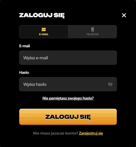 Spinsy login – formularz z zakładkami E-mail i Telefon oraz polem hasła